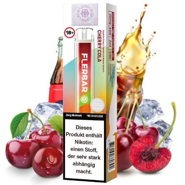 Cherry Cola mit 20mg Nikotin Flerbar E-Shisha Flerbar Cherry Cola 20mg Vape mit Verpackung, Darstellung von Kirschen, Cola und Eis neben Warnhinweis über Nikotingehalt.