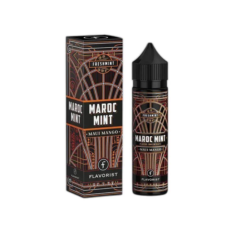 Aroma Maroc Mint Maui Mango von Flavorist Flavorist Aroma-Flasche und Verpackung mit der Aufschrift Maroc Mint Maui Mango in schwarzem und kupferfarbenem Design.