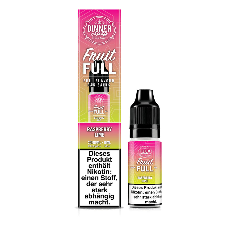 Dinner Lady Fruit Full Nikotinsalz in Raspberry Lime Geschmacksrichtung, 20mg/ml, 10ml Flasche, in rosa-grüner Verpackung mit Nikotinwarnung.