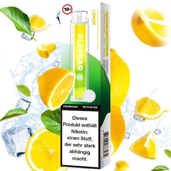 Lemon mit 20mg Nikotin Flerbar E-Shisha Die Flerbar Lemon 20mg E-Zigarette in einem Karton mit Zitronen- und Eiswürfelmotiven, Label mit Nikotin-Warnhinweis.