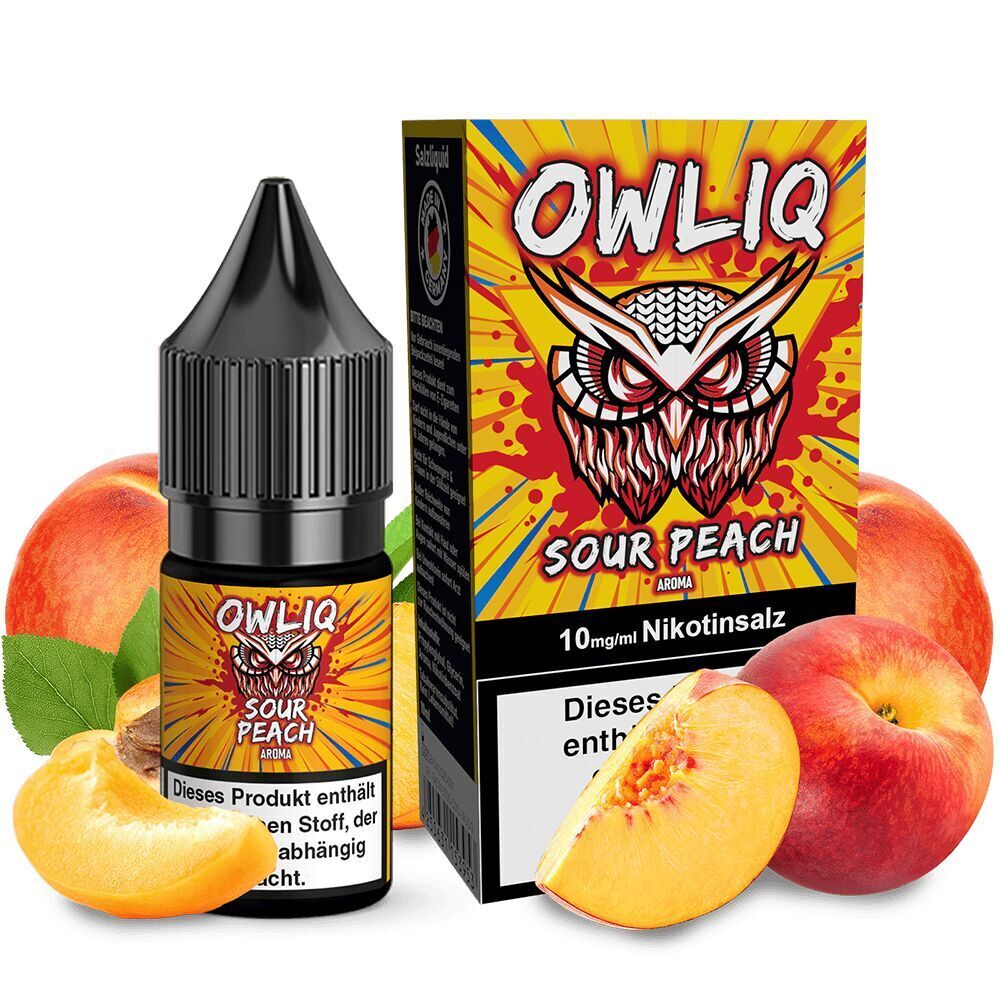 Liquid Sour Peach - Owliq Owliq Sour Peach Nikotinsalz 10mg Flasche und Verpackung mit Pfirsich-Illustration und geschnittenen Pfirsichen im Hintergrund.