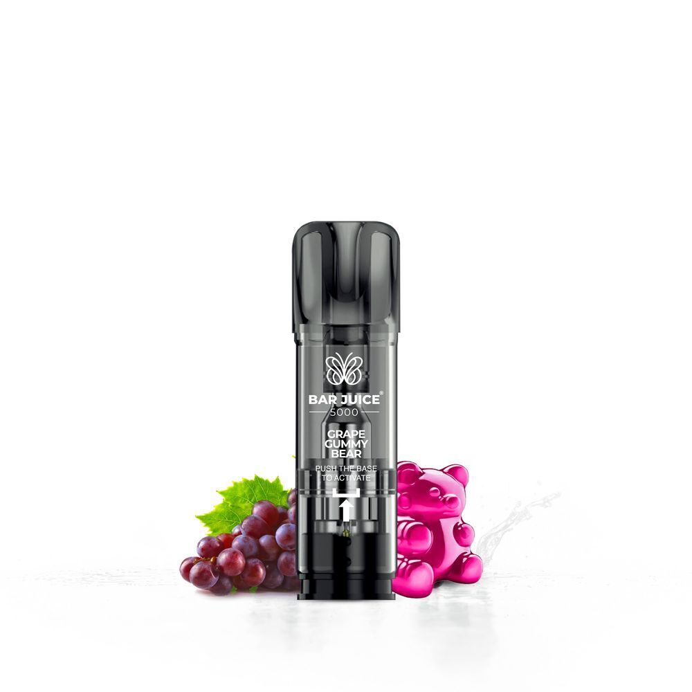 Grape Gummy Bear 20mg - Bar Juice 5000 Pods Bar Juice 5000 Pod Grape Gummy Bear, schwarz mit Sichtfenster, daneben rosa Gummibärchen und grüne Trauben mit Blättern.