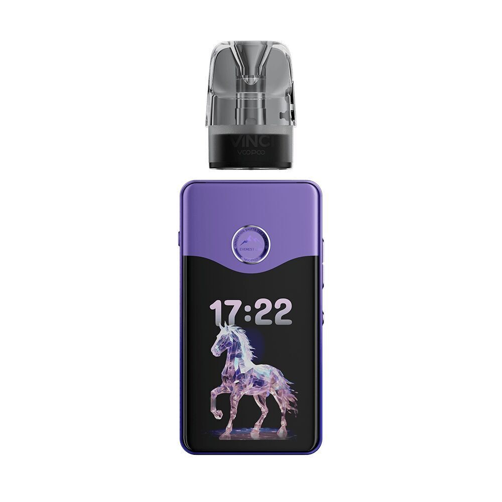 Voopoo Vinci E120 Pod Kit in Star Purple, mit digitaler Uhranzeige 17:22 und Einhornmotiv, abnehmbare transparente Kappe.