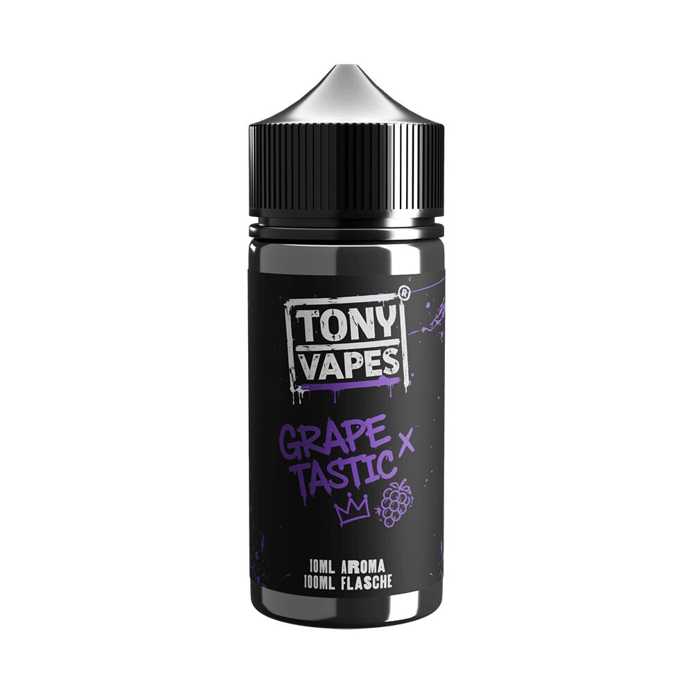 Tony Vapes Aroma - Grapetastic Flasche, 100ml; schwarzes Design, violette Akzente, 10ml Aroma, Grafiken von Krone und Trauben sichtbar.