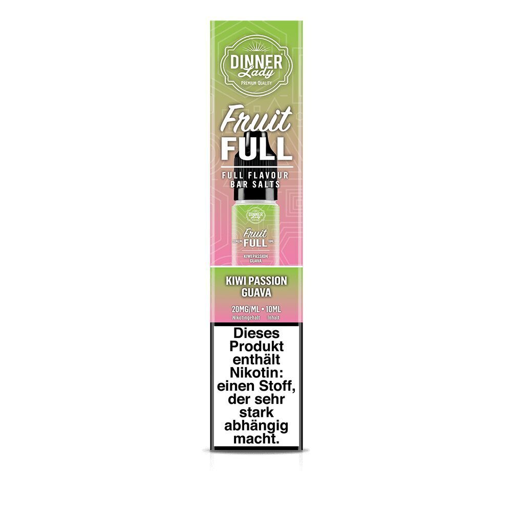 Dinner Lady Fruit Full Nikotinsalz Kiwi Passion Guava 20mg in grünem Karton mit Warnhinweis „Dieses Produkt enthält Nikotin“