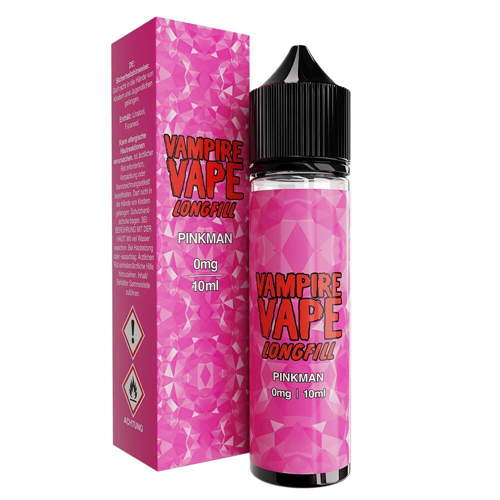 Aroma Pinkman 10ml - Vampire Vape Vampire Vape Aroma Pinkman 10ml Flasche und Verpackung mit rosa geometrischem Muster und rotem Logo, Aufschrift "0mg", "Longfill" sichtbar.