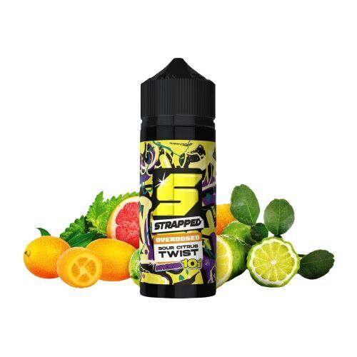 Aroma Sour Citrus Twist - Strapped Flasche Strapped Aroma Sour Citrus Twist mit Illustrationen von Zitrusfrüchten, umgeben von Orangen, Limetten und Grapefruit im Hintergrund.