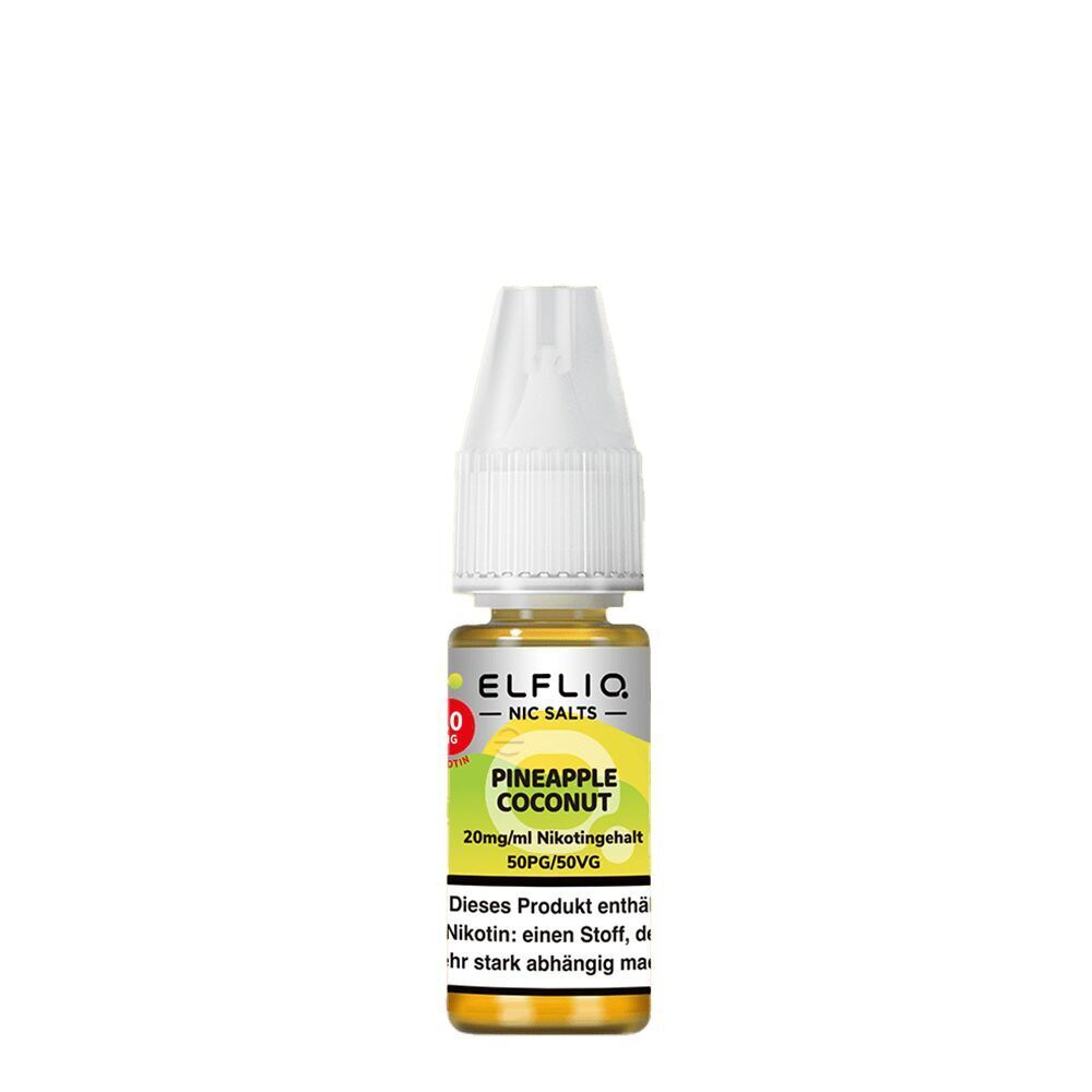 Elfliq Nikotinsalz - Pineapple Coconut 20mg Flasche Elfliq Nikotinsalz Pineapple Coconut 20mg mit gelbem Etikett, Nikotingehalt- und PG/VG-Angabe, sowie Warnhinweis am unteren Rand