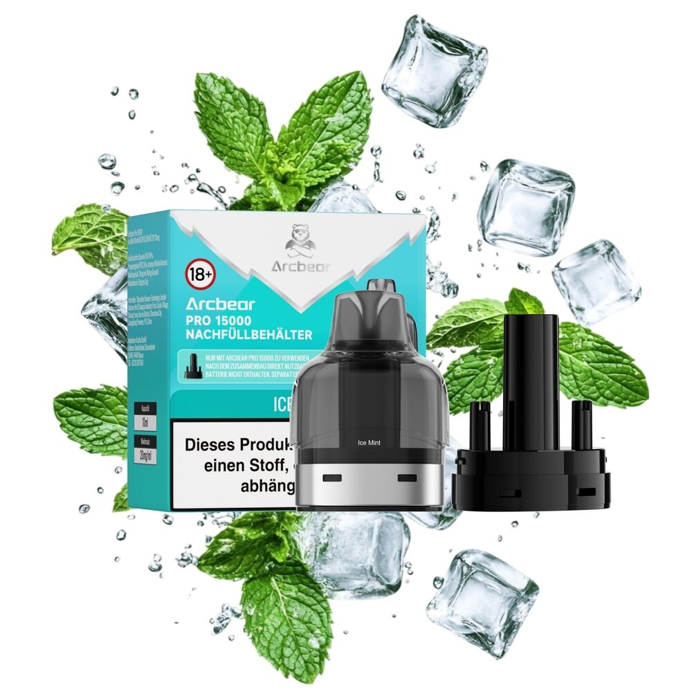 Arcbear Pro 15000 Pods - Ice Mint 20mg Arcbear Pro 15000 Pods Ice Mint 20mg vor Packung mit Eiswürfeln und frischen Minzblättern im Hintergrund