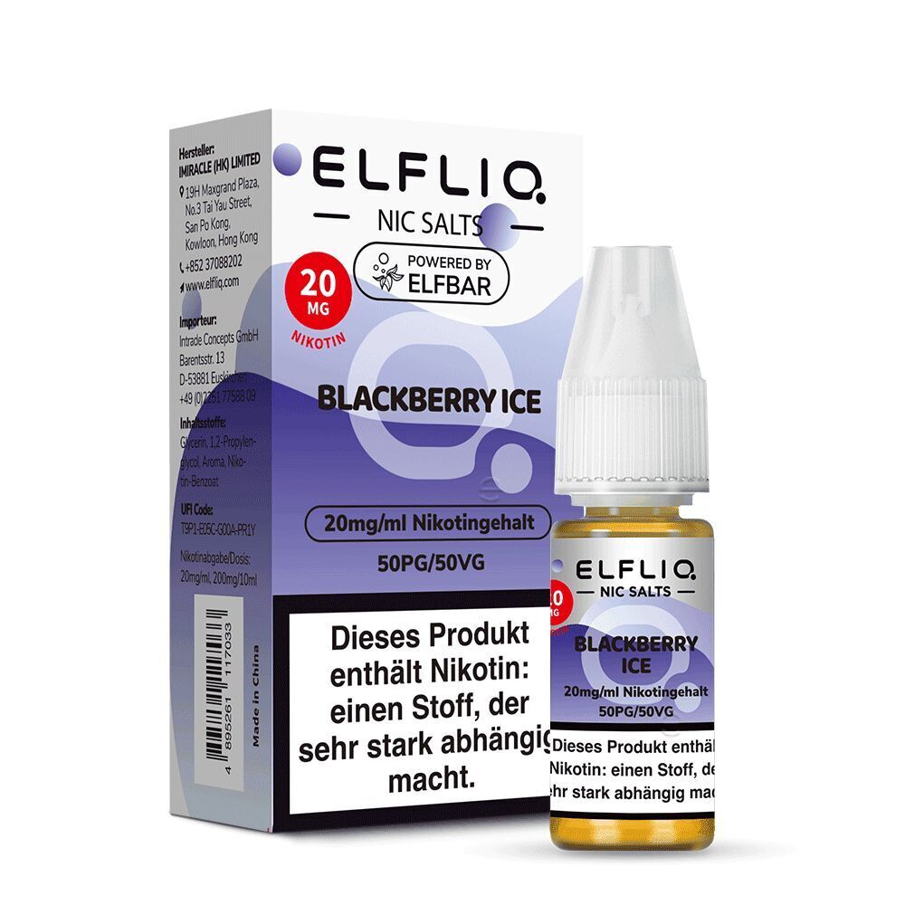 Elfliq Nikotinsalz - Blackberry Ice 20mg Elfliq Blackberry Ice Nikotinsalz 20mg Packung und Flasche, mit Warnhinweis auf Abhängigkeitspotential durch Nikotin