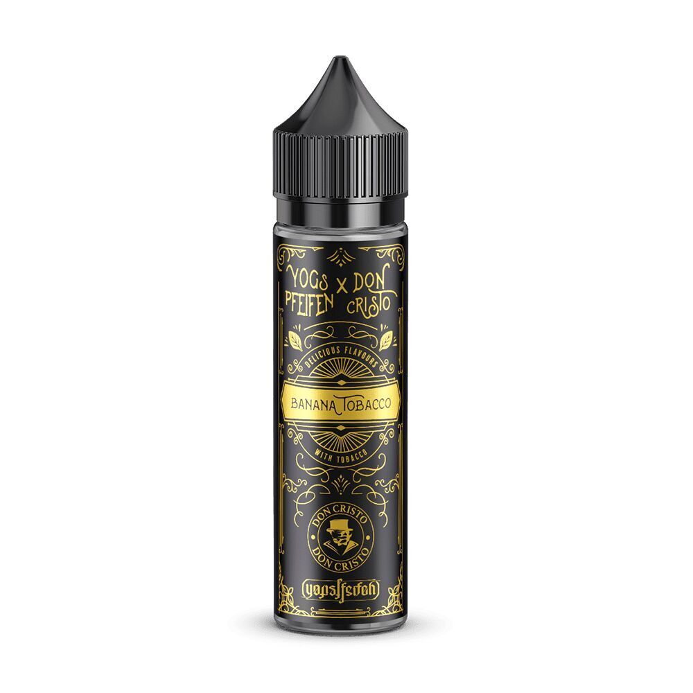 Aroma Yogs Pfeifen x Don Cristo Banana Tobacco von PG/VG Labs Flasche von Don Cristo Aroma, Banana Tobacco Yogs Pfeifen, mit schwarzem und goldfarbenem Design und der Aufschrift Banana Tobacco.