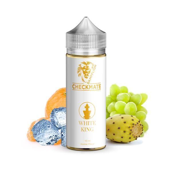 Aroma White King von Dampflion Checkmate Dampflion Checkmate Aroma White King Flasche neben Weintrauben, Kaktusfeige, Eiswürfeln und Orange angezeigt