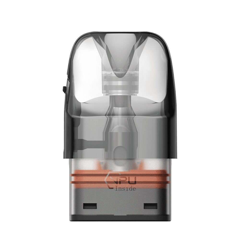 Geekvape Q Pod 0,6 Ohm Geekvape Q Pod 0,6 Ohm mit transparentem Gehäuse und sichtbarer Spule, darunter oranger Streifen und "PU Inside"-Schriftzug.