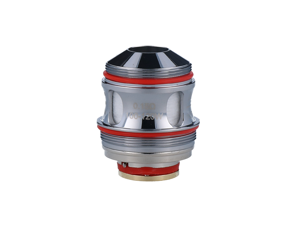 Uwell Valyrian 2 Mesh Verdampferköpfe Ein silberner Verdampferkopf mit roten Dichtungen und seitlichen Öffnungen, Text "0.18Ω" sichtbar.