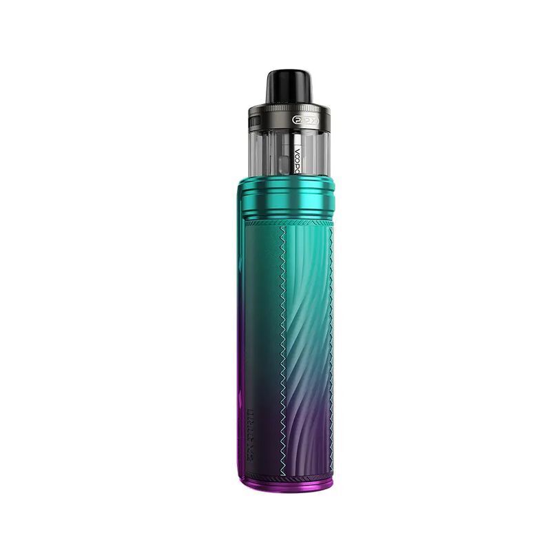 Voopoo Drag X2 Pod Kit in Blaugrün mit Zickzack-Muster, schwarzem Mundstück und durchsichtigem Tank