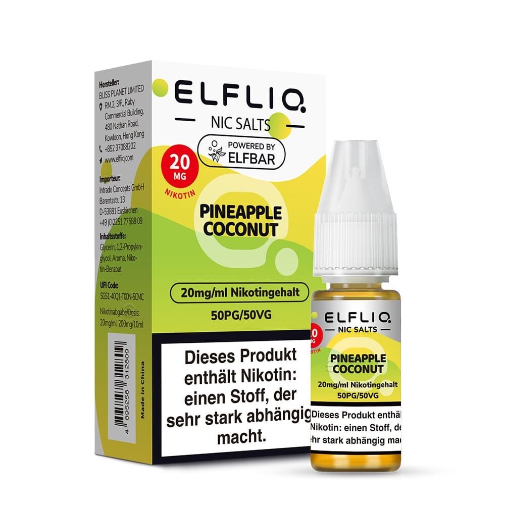 Elfliq Nikotinsalz - Pineapple Coconut 20mg Elfliq Nikotinsalz Pineapple Coconut 20mg Verpackung und Flasche, gelb-grün mit Text zu Nikotingehalt und Warnhinweis, powered by Elfbar
