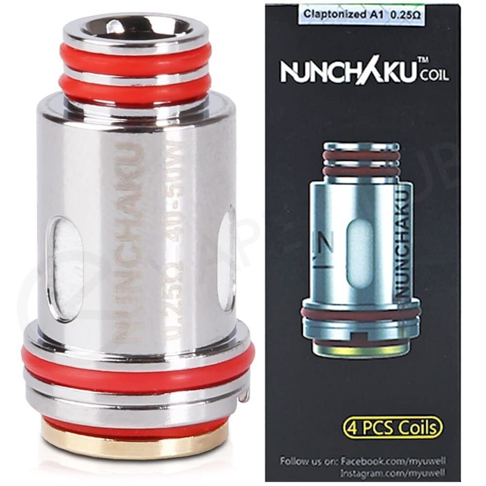 Uwell Nunchaku 0,25 Ohm Verdampferkopf Uwell Nunchaku 0,25 Ohm Verdampferkopf aus Edelstahl mit roten Dichtungsringen und Verpackung mit der Aufschrift „NUNCHAKU Coil“