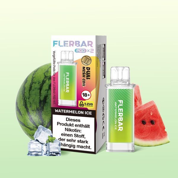 Watermelon Ice 20mg - Flerbar Pods Flerbar Pods - Watermelon Ice 20mg vor einer Wassermelone, Eiswürfeln und Melonestücken, Verpackung mit Nikotinwarnung sichtbar