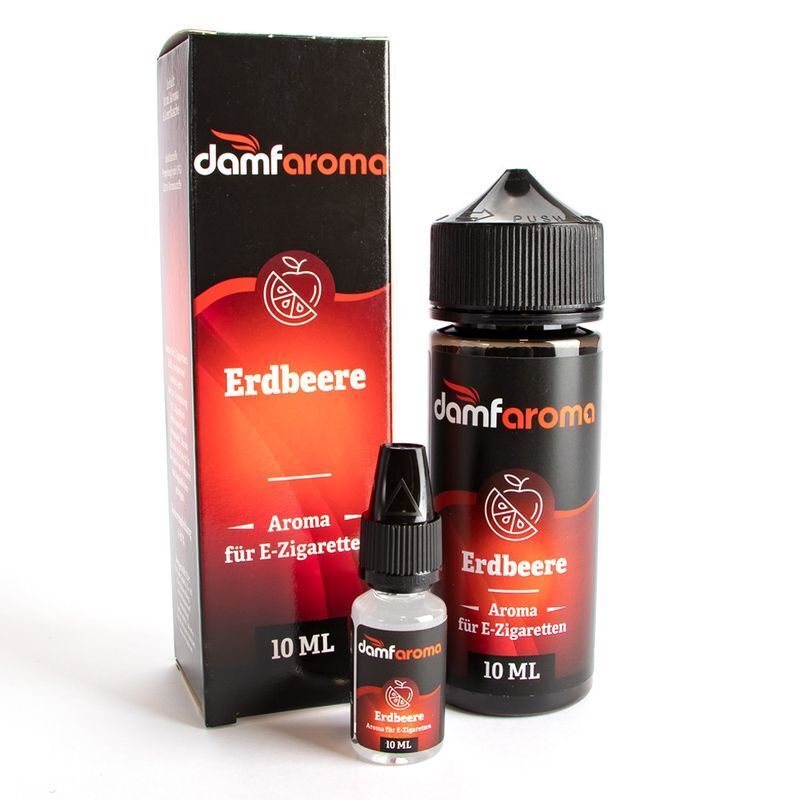 Aroma Erdbeere von damfaroma Damfaroma Aroma Erdbeere Flaschen und Verpackung für E-Zigaretten; schwarze und rote Flaschen mit aufgedrucktem Erdbeeremblem und Textlayout.