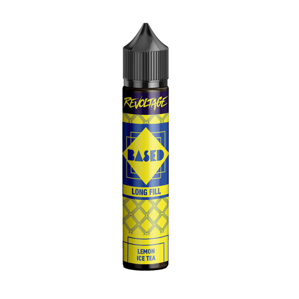 revoltage-based-longfill-aroma-lemon-ice-tea Revoltage Based Longfill Aroma Flasche mit blau-gelbem Design, großem "Based"-Logo und Text "Lemon Ice Tea" auf gelbem Hintergrund.