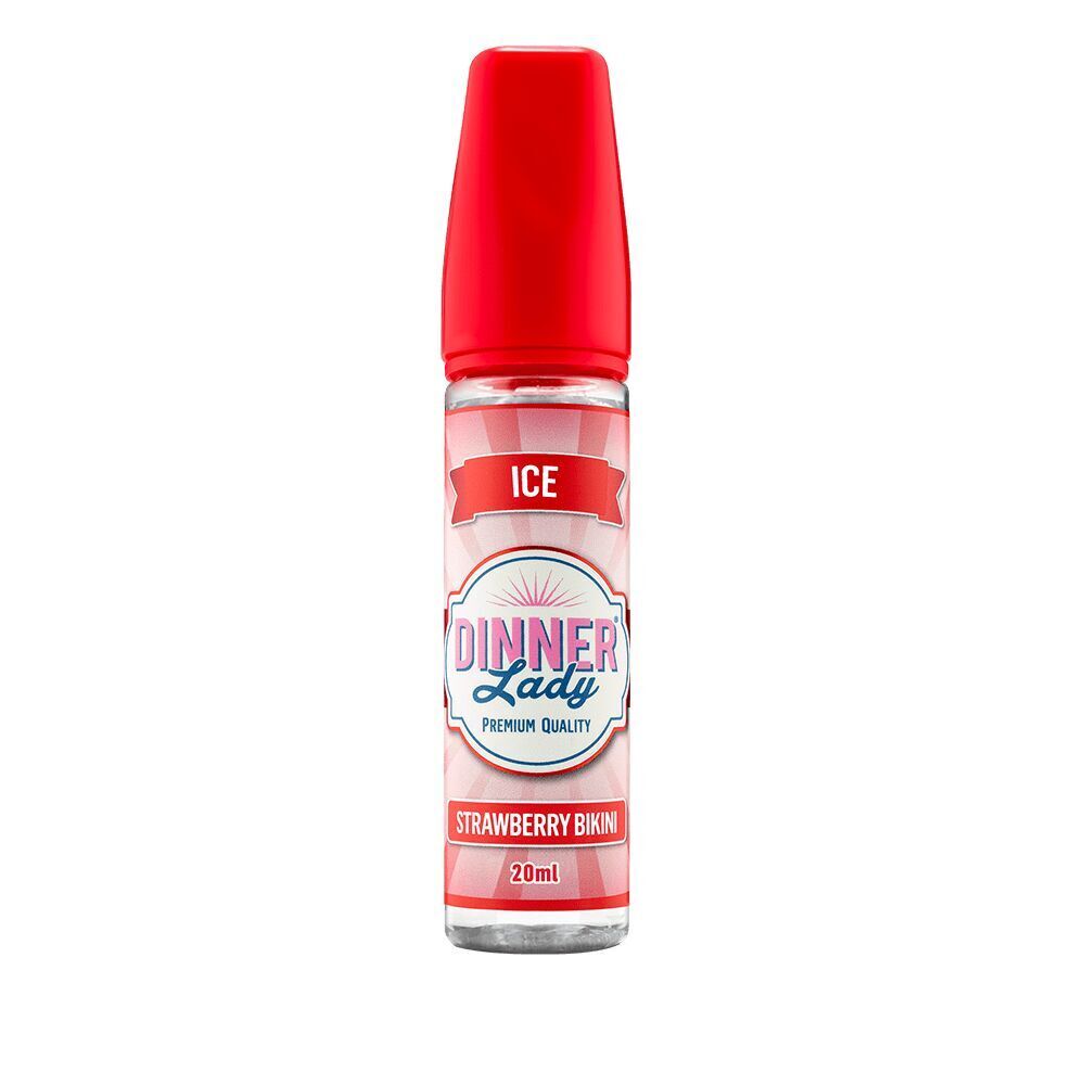 Aroma Strawberry Bikini von Dinner Lady E-Liquid-Flasche Dinner Lady Aroma mit rotem Deckel und Etikett „ICE“ und „Strawberry Bikini“, 20ml, in weißer und roter Verpackung.