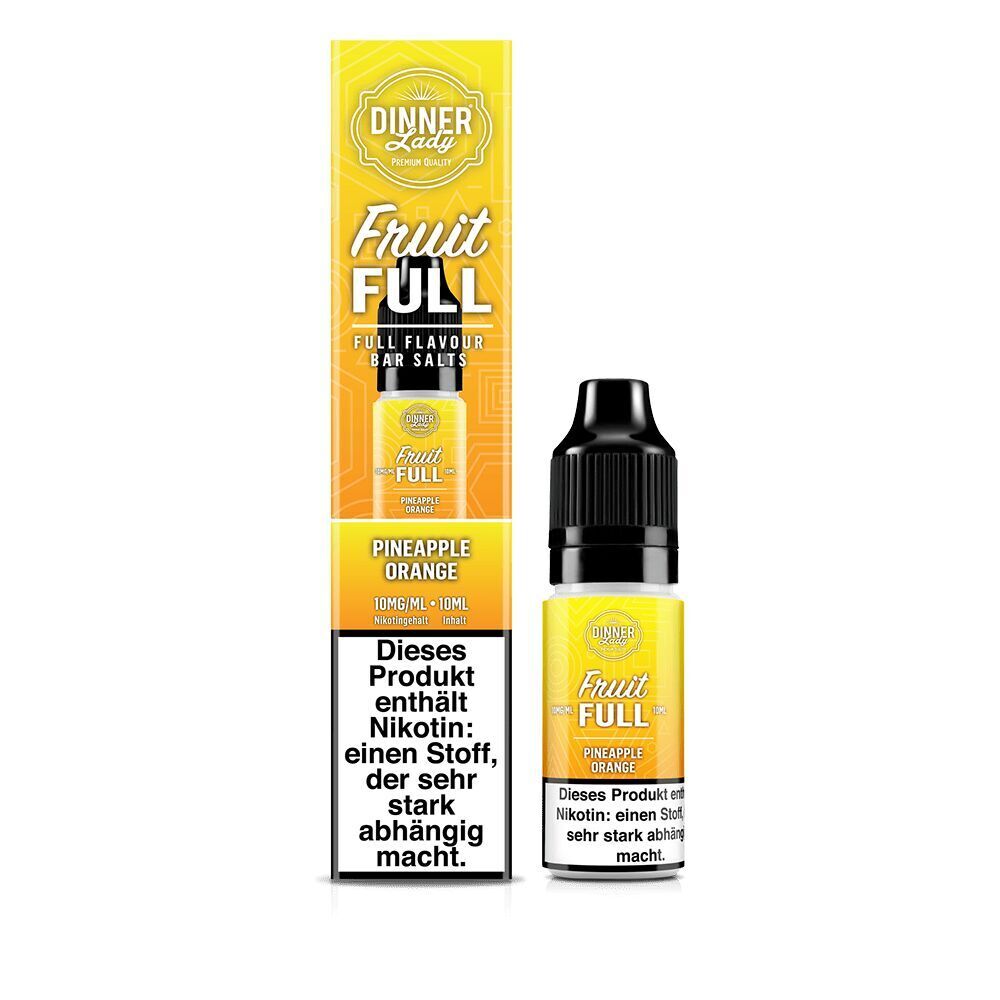 Liquid Pineapple Orange mit 10mg Nikotin von Dinner Lady Fruit Full Flasche und Verpackung von Dinner Lady Fruit Full Nikotinsalz Pineapple Orange, 10mg/ml, mit Nikotin-Warnhinweis auf gelbem Design.