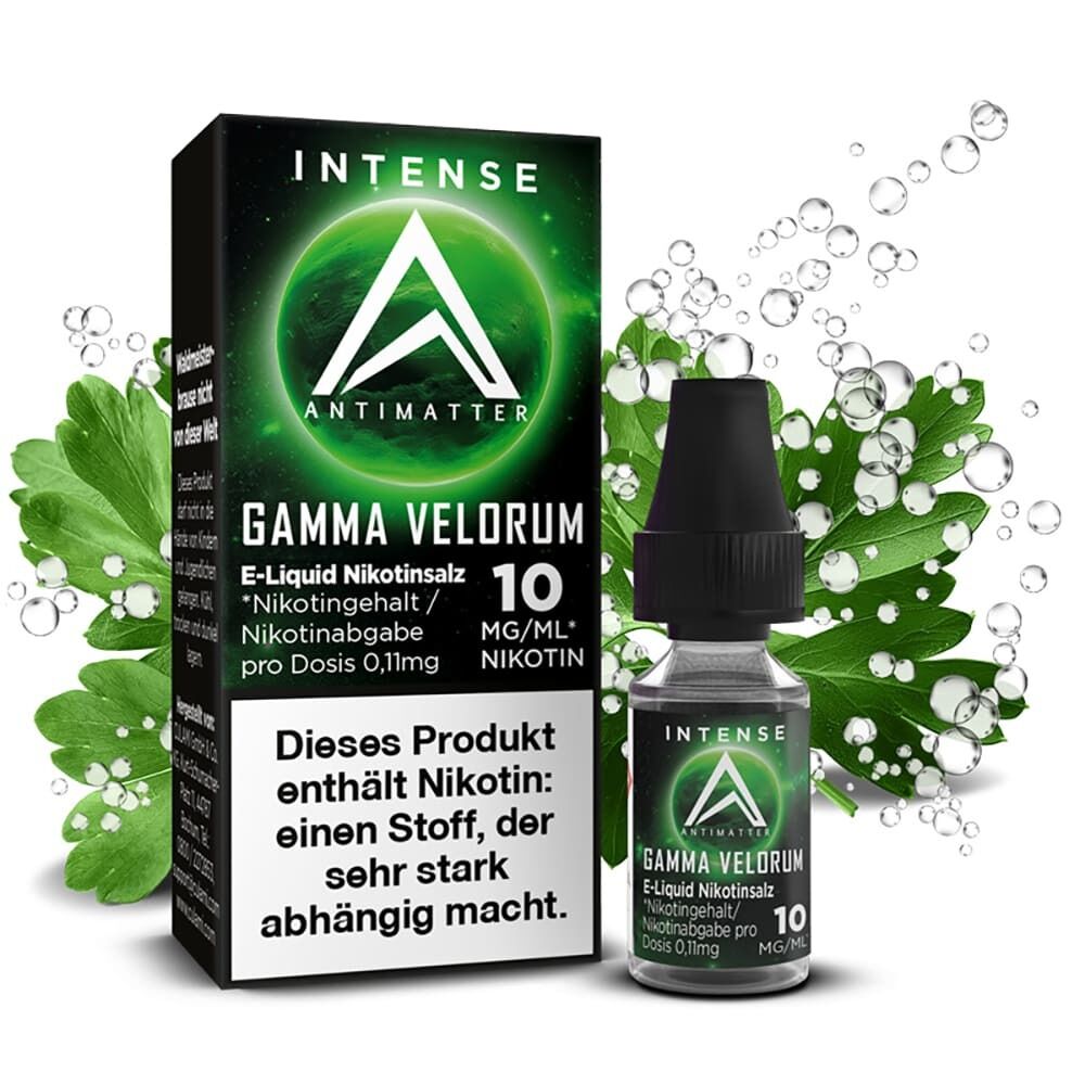 Liquid Gamma Velorum von Antimatter Intense Antimatter Intense E-Liquid Nikotinsalz Gamma Velorum Verpackung und Flasche mit grünem Logo, 10 mg/ml Nikotin, Blätter und Blasen im Hintergrund