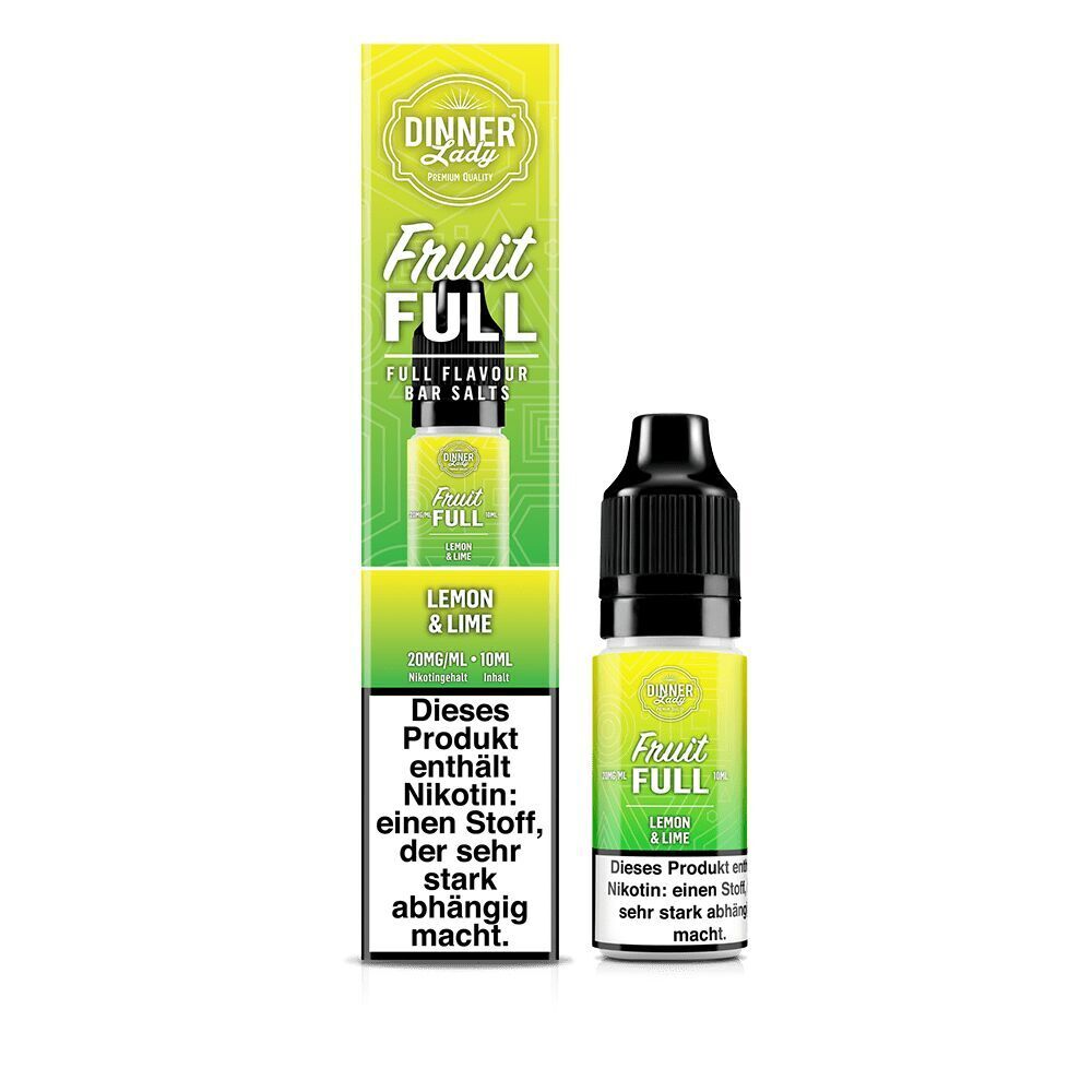 Liquid Lemon & Lime mit 20mg Nikotin von Dinner Lady Fruit Full Dinner Lady Fruit Full Nikotinsalz Lemon & Lime 20mg Flasche und Verpackung mit gelbem, grünem Design, Warnhinweis auf Nikotingehalt
