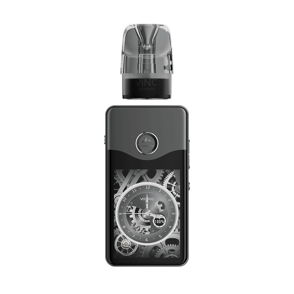 Voopoo Vinci E120 Pod Kit - Gray Metal Voopoo Vinci E120 Pod Kit in Grau mit durchsichtigem Pod, zeigt Zahnräder und ein Zifferblatt auf der Vorderseite, zeigt „VINCI“ und „100%“ an