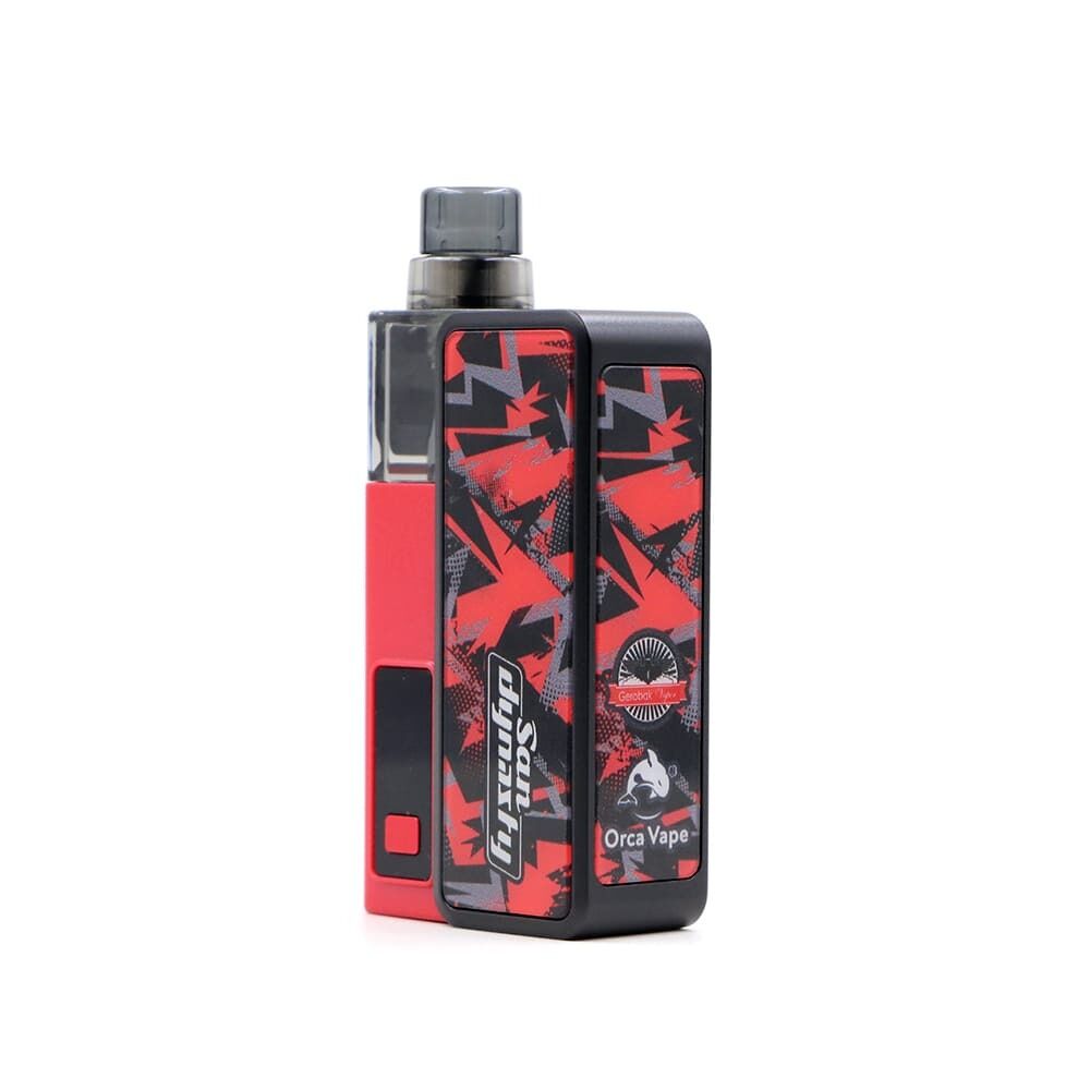 Orca Vape San Dynasty Pod Kit Orca Vape San Dynasty Pod Kit in Cherry Red mit grafischem Design in Rot und Schwarz, schwarzem Mundstück und Logos auf der Vorderseite.