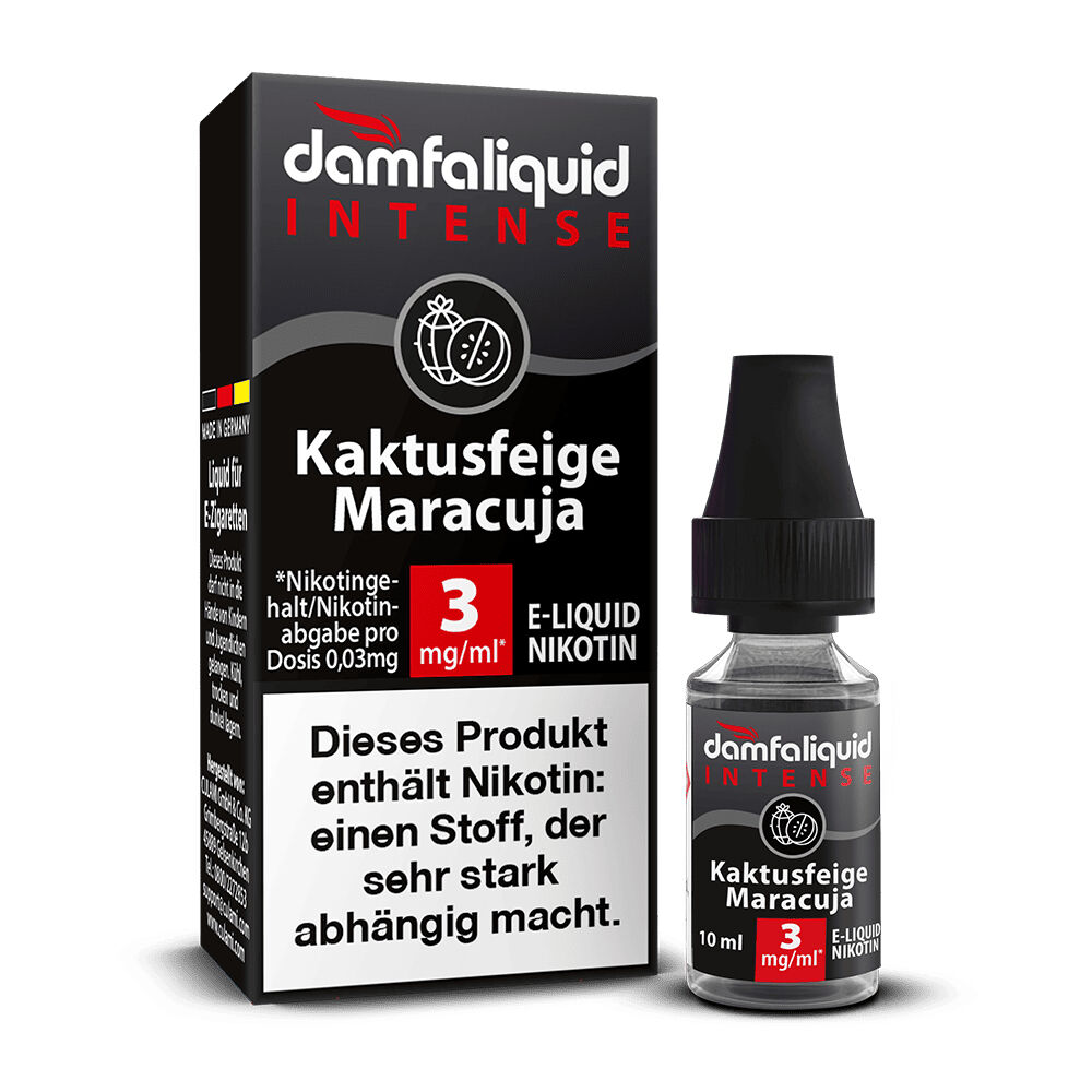 Damfaliquid Intense Liquid - Kaktusfeige Maracuja Damfaliquid Intense E-Liquid Kaktusfeige Maracuja 3mg, schwarze Verpackung und Flasche mit Warnhinweis auf Nikotingehalt.