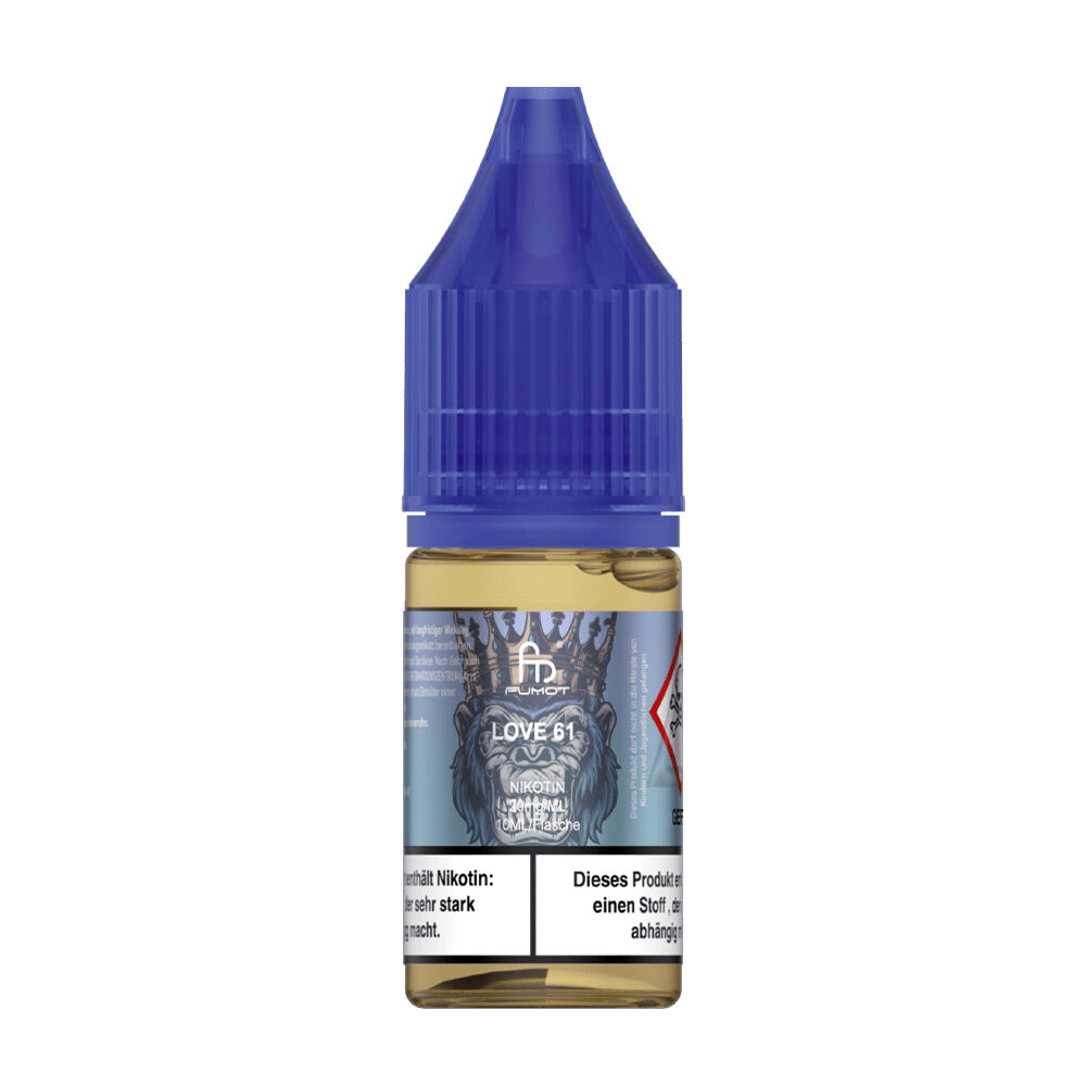 RNM102 Flasche RandM Tornado Nikotinsalz Liquid Love61 mit blauem Deckel, Etikett mit Löwenmotiv und Text; enthält Nikotinwarnhinweis.