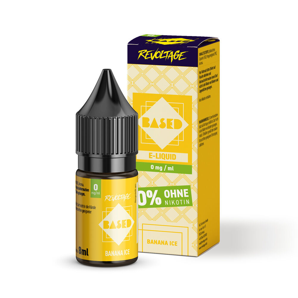 Revoltage Based Hybrid Liquid - Banana Ice Revoltage Liquid-Flasche und Verpackung mit der Aufschrift Based, Banana Ice, 0 mg/ml, 0% ohne Nikotin, auf gelbem Hintergrund