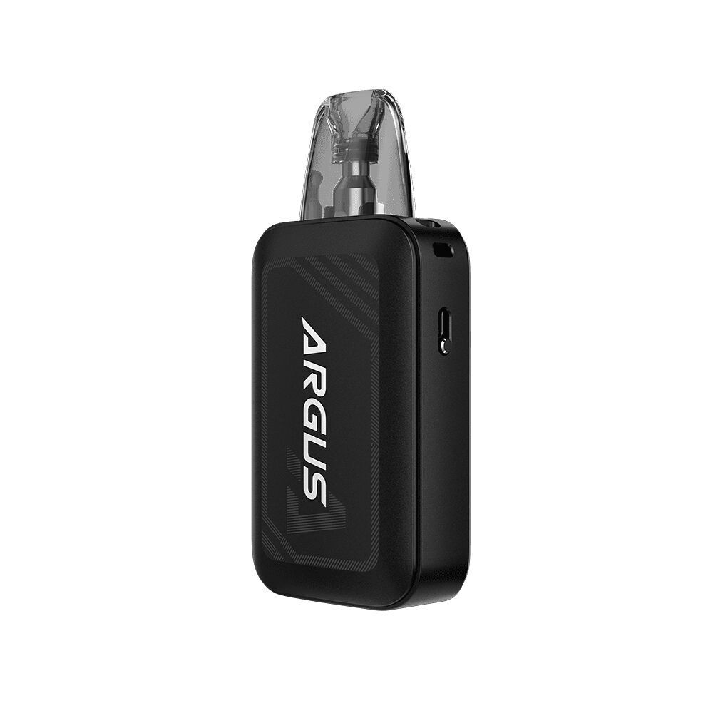 Voopoo Argus A Pod Kit Phantom Black mit durchsichtigem Mundstück, schwarzem Gehäuse und seitlichem USB-Anschluss, Argus-Schriftzug sichtbar