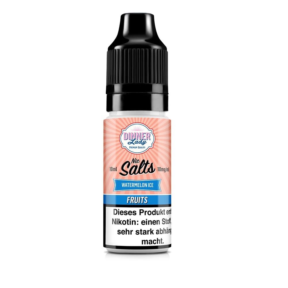 Fläschchen mit Dinner Lady Nic Salts Watermelon Ice 10mg, rosa Label mit Produktdetails, schwarze Kappe