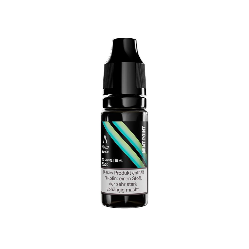 Liquid Mint Point 10mg - Adalya Nikotinsalz Schwarze Flasche Adalya Nikotinsalz Mint Point mit grün-blauem Etikett, 10 ml, 10 mg/ml, Warnhinweis zu Nikotinabhängigkeit auf Etikett.