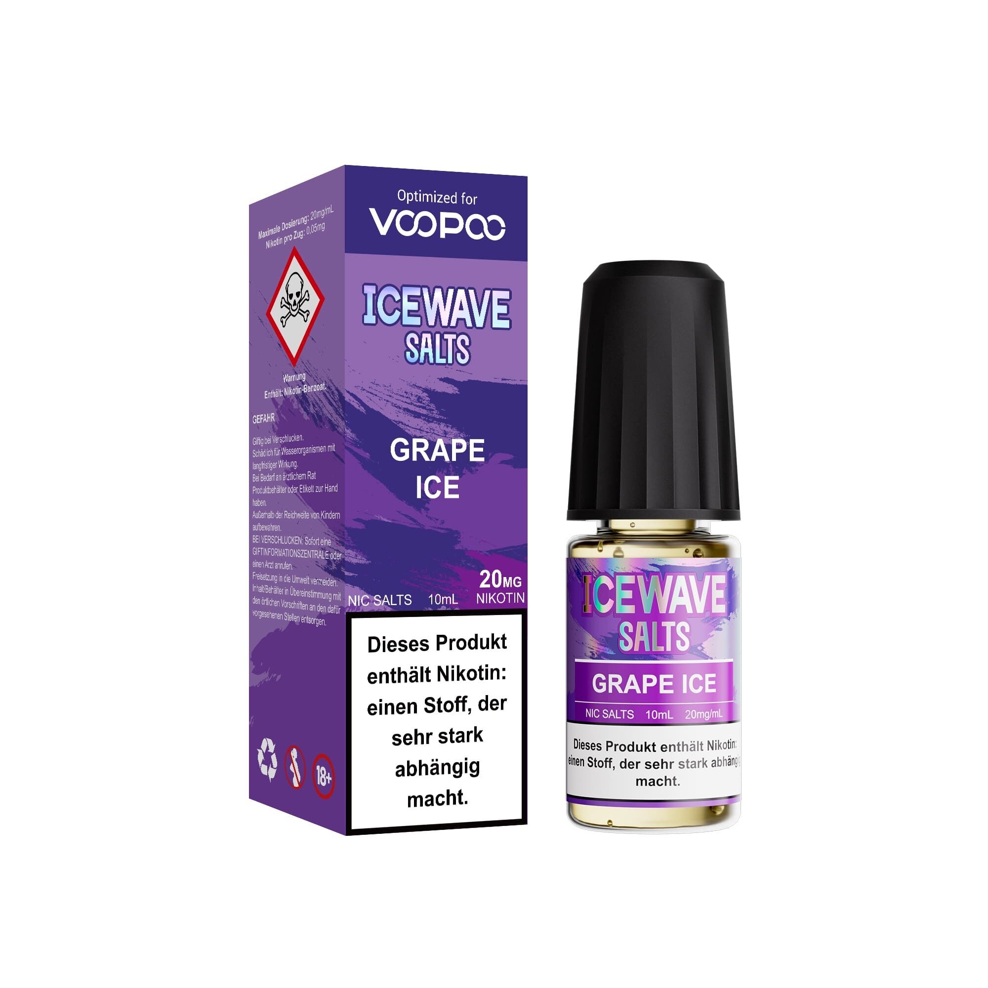 Icewave Nikotinsalz - Grape Ice 20mg Flasche und Verpackung von Icewave Salts Grape Ice 20mg Nikotinsalz, deutlich sichtbare Warnhinweise und Branding von Voopoo.