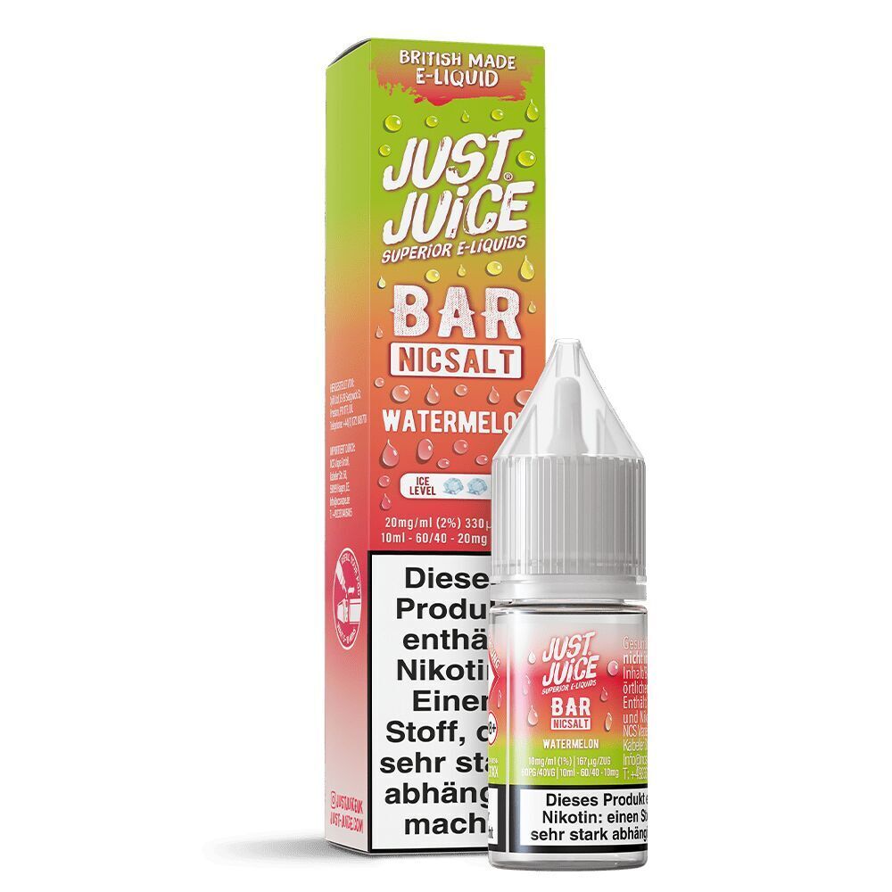 Liquid Watermelon 10mg - Just Juice Just Juice Nicsalt Watermelon E-Liquid mit 20mg Nikotinstärke; Flasche mit Tropfverschluss vor Verpackung mit Wassermelonendesign.