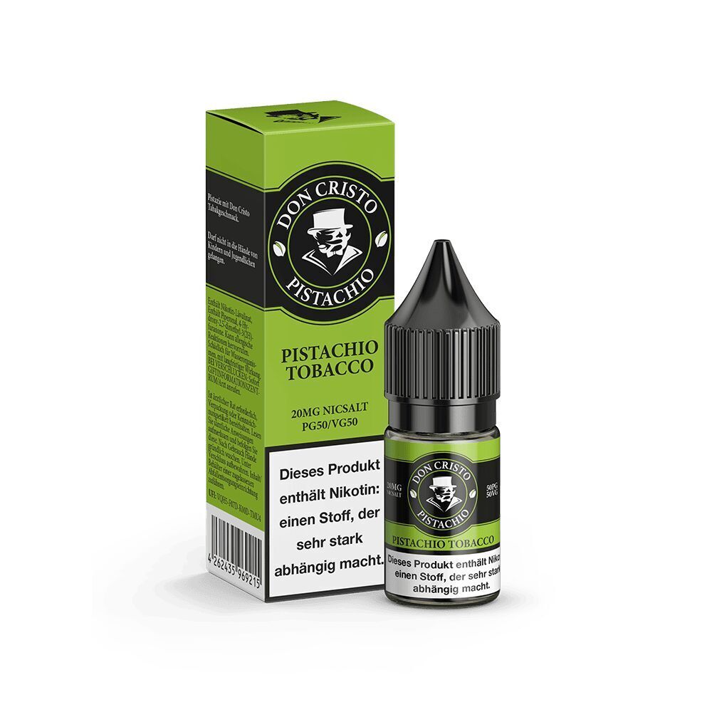 Liquid Pistachio 20mg - Don Cristo Grüne Verpackung mit schwarzer Aufschrift von Don Cristo Pistachio NicSalt 20 mg, daneben eine passende E-Liquid-Flasche mit Schraubverschluss.