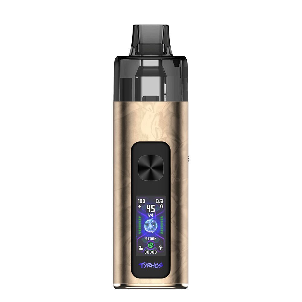 Uwell Typhos Pod Kit Uwell Typhos Pod Kit in Gold mit digitalem Display, zeigt 45W Leistung, Ladestand und Temperatur an, matte Oberfläche mit dezentem Design.