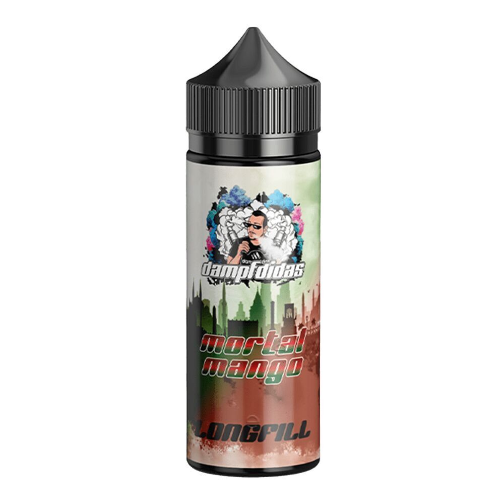 Flasche mit Dampfdidas Aroma Mortal Mango, schwarze Kappe, farbige Etikettgestaltung mit stilisierten Skyline-Elementen.