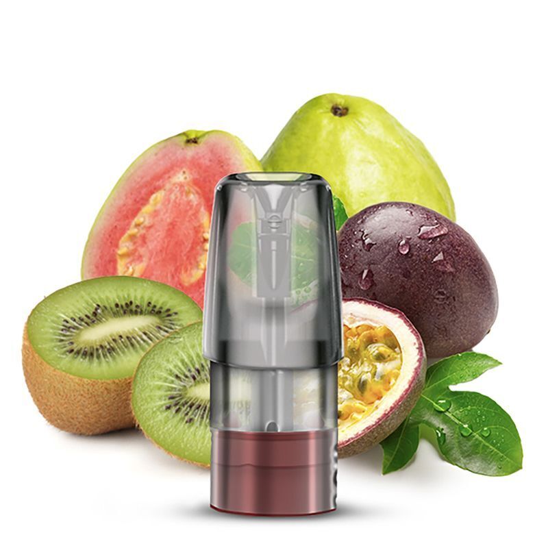 Kiwi Passion Fruit Guava 20mg - Mate 500 P1 Elfbar Mate 500 P1 Pod vor Kiwis, Passionsfrüchten und Guaven, die saftig und frisch erscheinen