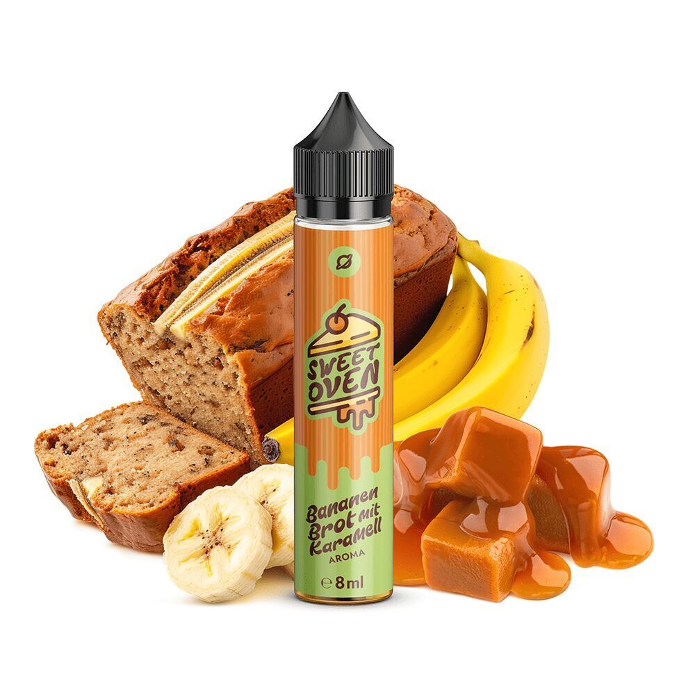 Aroma Bananenbrot mit Karamell von Flavorverse Flasche Flavorverse Aroma, Bananenbrot mit Karamell-Aroma, daneben frisches Bananenbrot, Bananen und Karamellstücke sichtbar