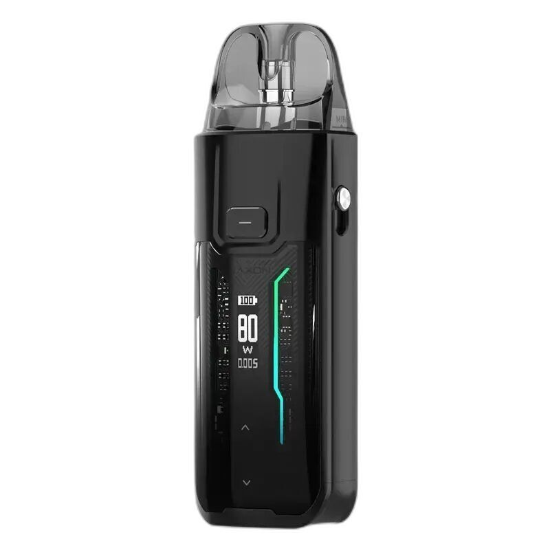 Vaporesso Luxe XR Max Pod Kit in Schwarz, mit transparentem Mundstück und Display mit Anzeige von 80 Watt Leistung.
