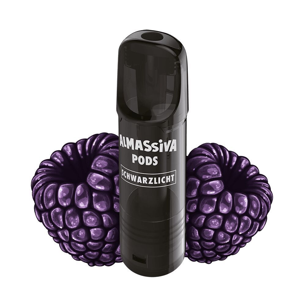 Schwarzlicht 17mg - Al Massiva Pods Schwarzer Al Massiva Pods Schwarzlicht, flankiert von zwei violetten Brombeeren, Produktlogo gut sichtbar.