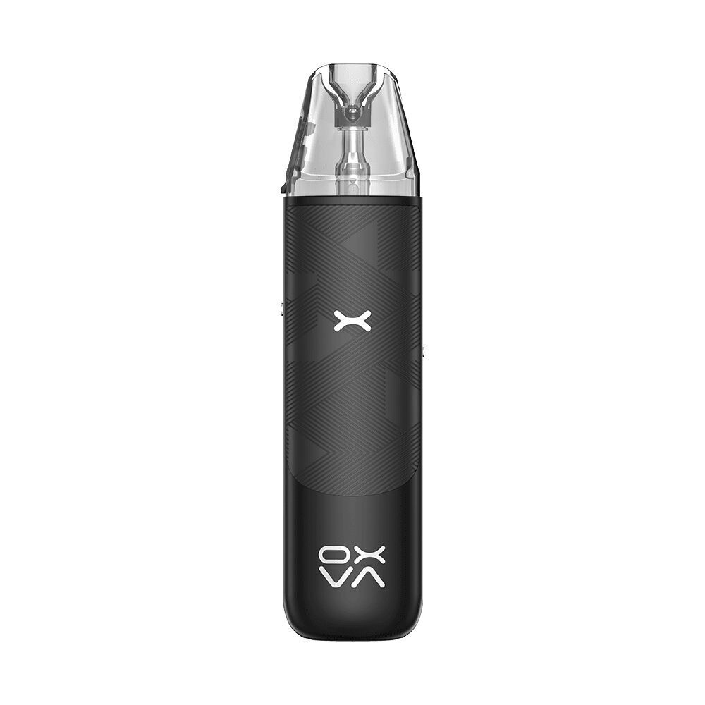 Oxva NeXLIM GO Pod Kit - Silky Black Oxva NeXLIM GO Pod Kit in Schwarz, vertikal dargestellt, mit transparentem Mundstück und markantem Logo auf der Vorderseite