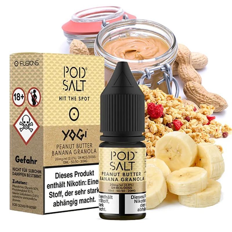 Liquid Peanut Butter Banana Granola mit 20mg Nikotin von Pod Salt Fusion Pod Salt Fusion Nikotinsalz Flasche und Verpackung mit Peanut Butter Banana Granola Geschmack, Erdnüsse, Bananenscheiben und Müsli im Hintergrund.