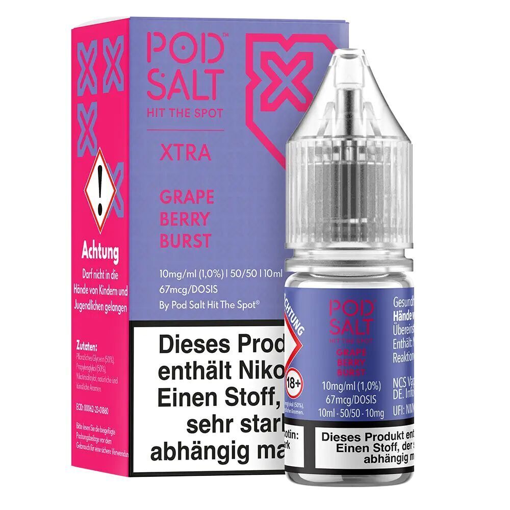 Liquid Grape Berry Burst von Pod Salt Xtra Pod Salt Xtra Nikotinsalz Grape Berry Burst 10mg mit Verpackung, Warnhinweisen und Flasche mit Dosierinformationen sichtbar.