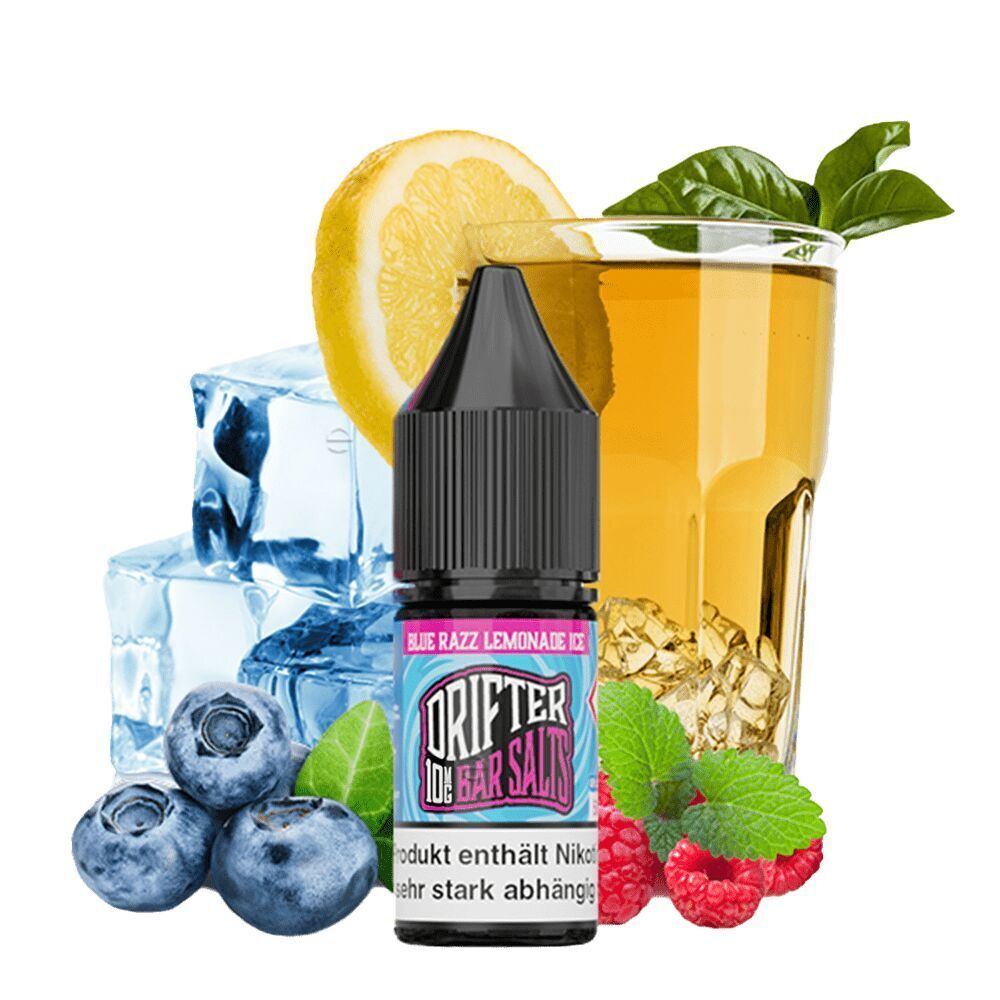 Drifter Nikotinsalz-Flasche Blue Razz Lemonade Ice, mit Blaubeeren, Himbeeren, Zitrone, Eiswürfeln und Glaskaraffe mit gelbem Getränk