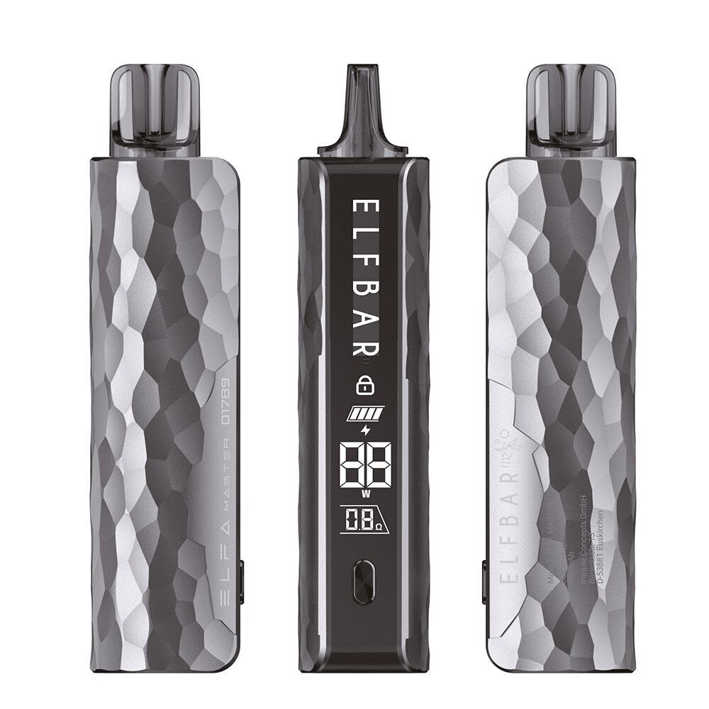 Elfbar Elfa Master Pod Kit Meteor Grey - Limited Elfbar ELFA Master Pod Kit in Meteor Grey Limited Edition, mit texturiertem Gehäuse, Display mit Ladeanzeige und Wattzahl, markanter ELF BAR Schriftzug.